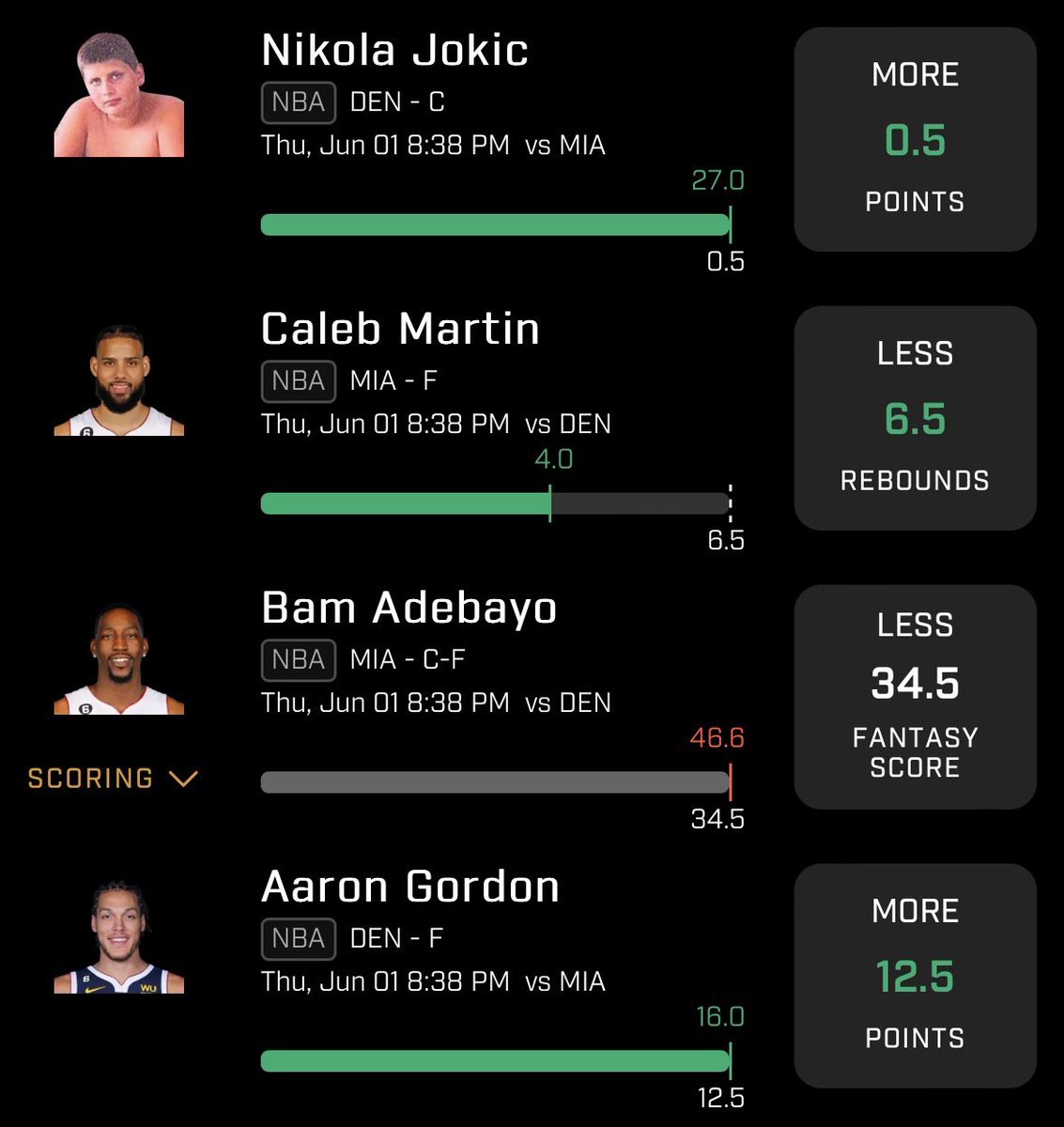 opportunity_fi's tweet photo. The only #NBA prop that didn’t hit for us last night was Bam 😭 We’ll get right game 2 ! https://t.co/1WyEcvh5VF