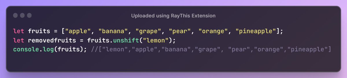 josyejiro's tweet image. Day 11 of my #100DaysOfCode challenge!
Today, I engaged myself learning an awesome array attributes: .unshift()
using the .unshift() function, you can easily add new elements to the beginning of an array. #javascript #ArrayMethod