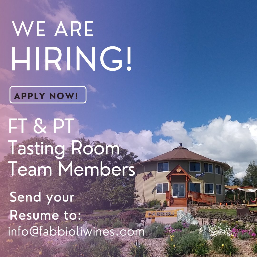 Fabbioli Wines (@fabbioliwines) on Twitter photo Fabbioli Cellars is HIRING! Immediate openings for tasting room team members. Must be 21+, available weekends, holidays and occasional evenings. EMAIL info@fabbioliwines.com & put โemploymentโ in the subject line. #hiring #hiringnow #leesburgjobs #nowhiring #jobs #leesburgjobs Fabbioli Cellars is HIRING! Immediate openings for tasting room team members. Must be 21+, available weekends, holidays and occasional evenings. EMAIL info@fabbioliwines.com & put โemploymentโ in the subject line. #hiring #hiringnow #leesburgjobs #nowhiring #jobs #leesburgjobs