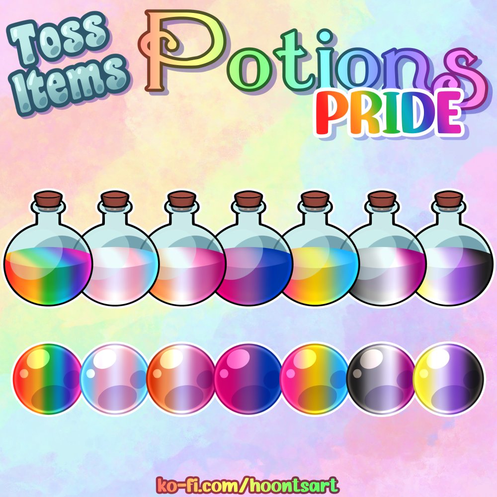 HAPPY PRIDE MONTH! I made a set of pride themed toss potions to celebrate. And you can have them for FREE! #VTuberAssets ⬇️Get them via my Ko-fi link below⬇️