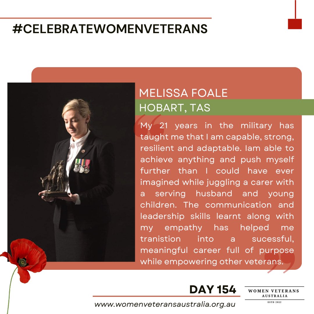 Our next #CelebrateWomenVeterans profile with Melissa’s wise words 👏🏼 ⭐️ 

Current and ex-serving #YourADF servicewomen, we would love to hear your story: womenveteransaustralia.org.au/celebratewomen…