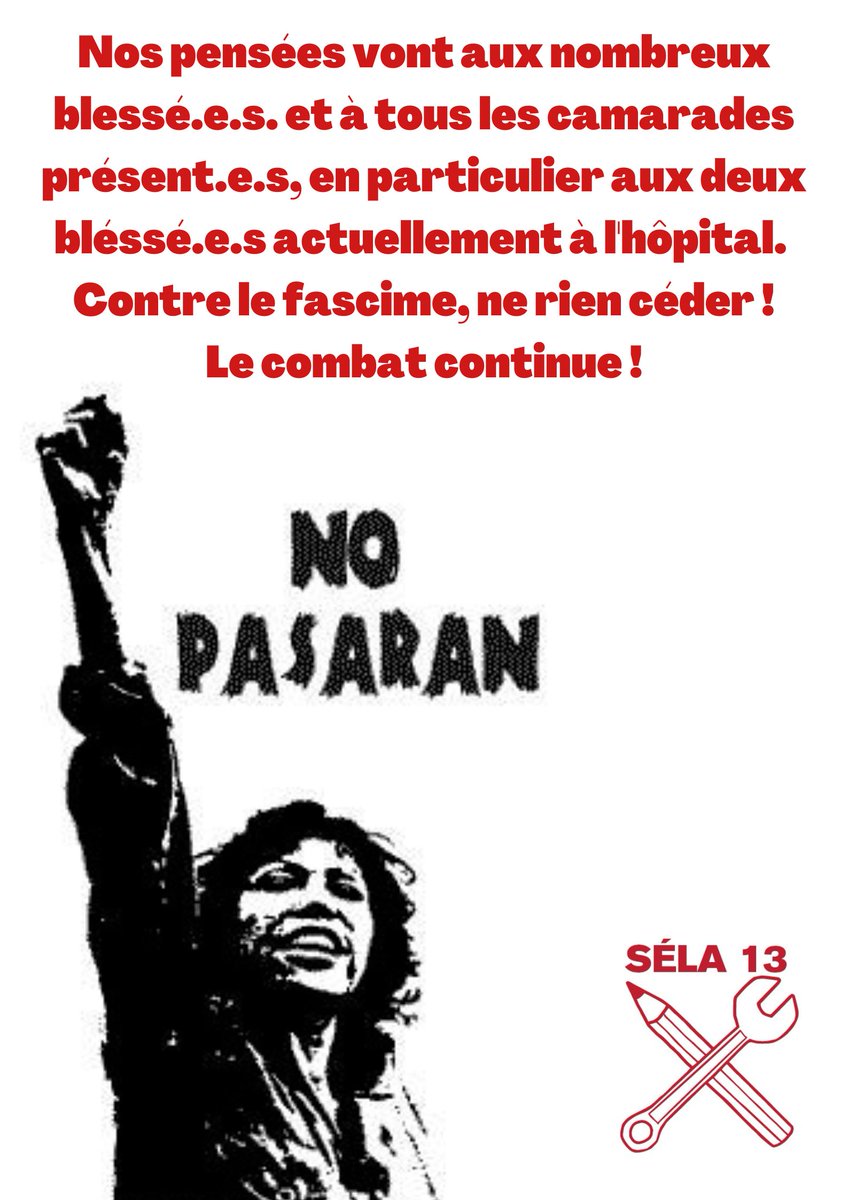 ⚪Attaques des fascistes lors d'un rassemblement de la Jeunesse aixoise ! @mjcf13 @Fse_aixoise CDL et @sela_BDR 
🔴Soutien total aux camarades hospitalisés et prompts rétablissements à eux ! 🫶
🚨Avis aux nervis de l'ED, nous ne céderons pas !
#SiamoTuttiAntifascisti