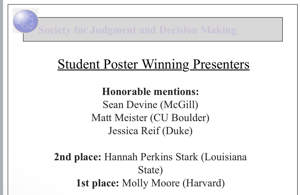 Huge congratulations to our student poster winning presenters at the SJDM Doctoral Symposium!