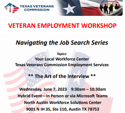 If you're a #veteran, transitioning service member or military spouse seeking employment, we encourage you to attend our @TexasVeterans 'The Art of the Interview' Workshop.  

Attend in person or from the comfort of your home or office.  

Register at lnkd.in/gDvvCuJ7If