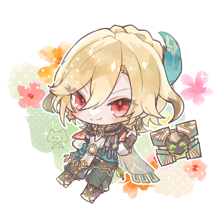 1boy male focus blonde hair red eyes chibi jewelry smile  illustration images