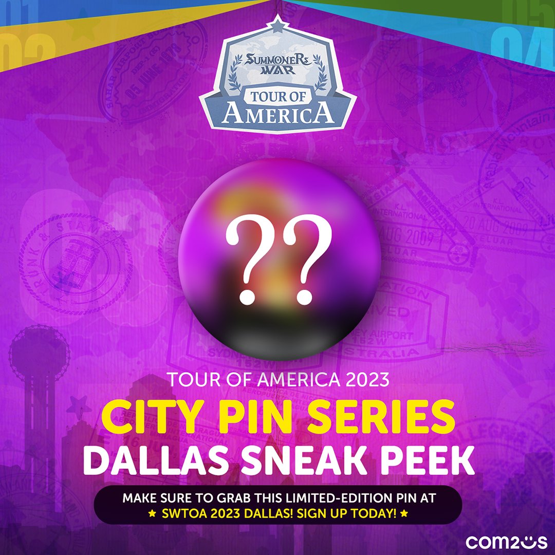 summonerswarapp's tweet photo. โญDALLAS SWTOA SNEAK PEEK โญ
Here's a sneak peek of our 3rd City Pin in our SWTOA 2023 City Pin Series!!
Grab yours at SWTOA 2023 Dallas!!๐ค
Can you guess what the design is?
Sign up today!
https://t.co/J5oGxmDJYG
#SummonersWar #SWTOA2023 #SWTOA #SWTOADallas #SWTOACityPins https://t.co/8g8mPd9A8E