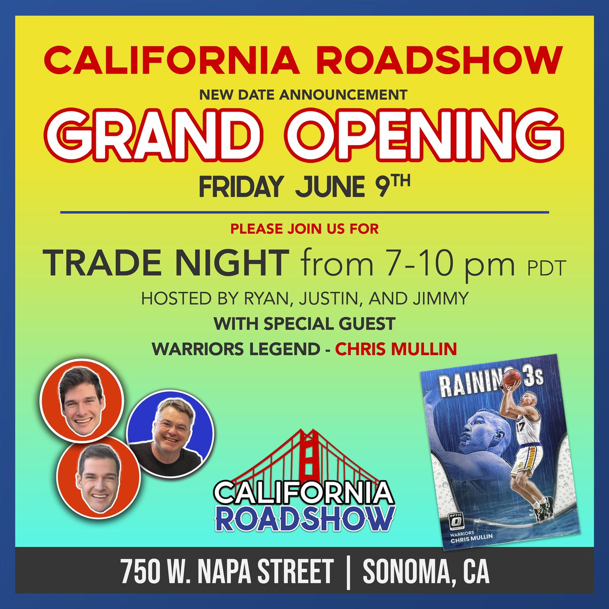 UPDATE: Do to unforeseen circumstances our grand opening has been moved to Friday, June 9th at 11am! Also, join us that same evening from 7pm-9pm for trade night at the shop featuring special autograph guest Warriors legend Chris Mullin! He will be signing autographs FOR FREE!