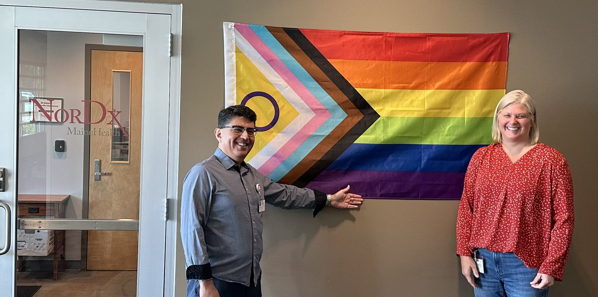NorDx's Executive team <a href="/GGMTorresMD/">Guillermo G. Martinez-Torres, MD, FCAP, FASCP</a>, President, and Rebecca Simmons, COO, proudly display the Pride flag at our Scarborough lab. At NorDx, we want our patients and teammates to feel safe and welcome in an inclusive environment for everyone. <a href="/MaineHealth/">MaineHealth</a> #NorDxNow #joinourteam
