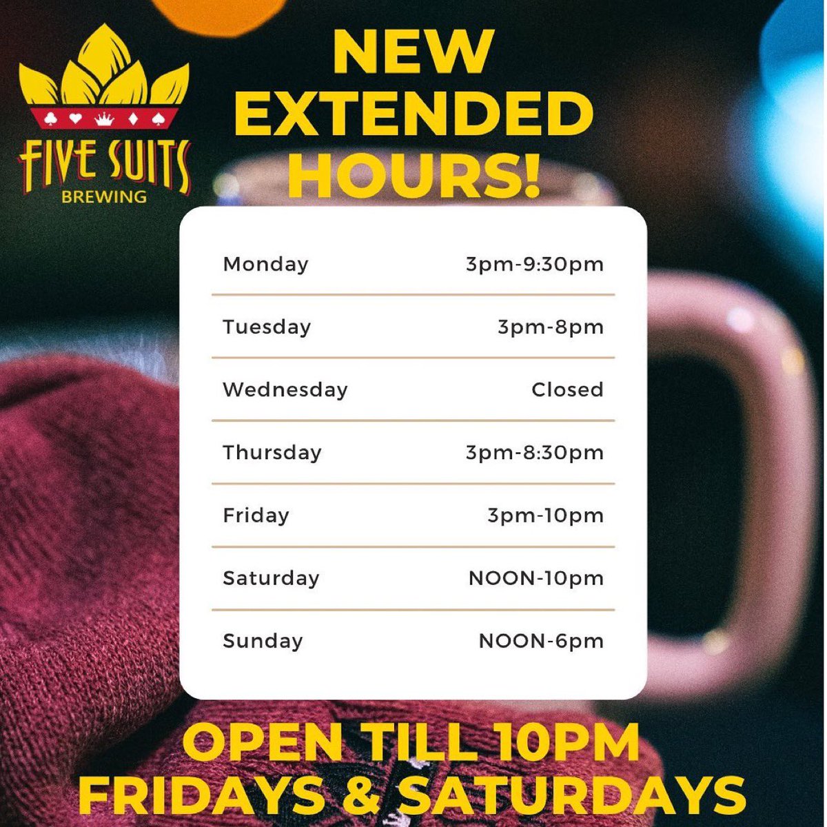 fivesuitsbrew's tweet photo. 🍻New Hours! 🍻
Starting tonight, 
Five Suits will be open until 10pm Fridays and Saturdays! 

Live music will now go from 7-10pm. 
We’ll also be open later on Mondays and Thursdays! More time to vibe at the Swankiest Brewery in Town! #fivesuits #fivesuitsbrewing #sdbeer #vista https://t.co/vaXu1RKGpj