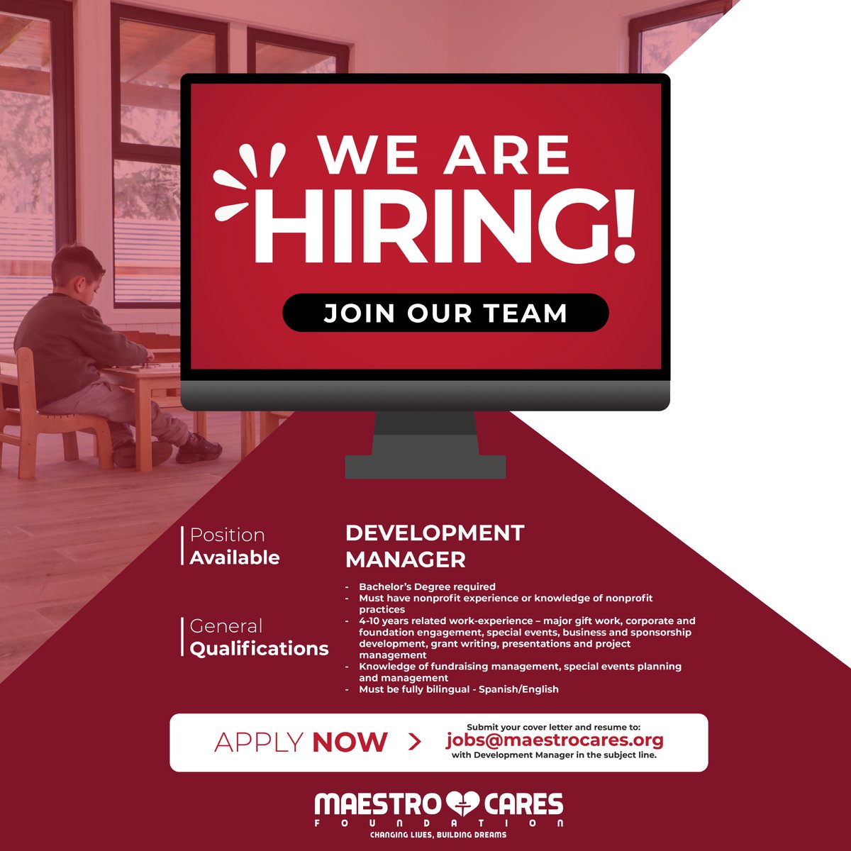 We're hiring! Maestro Cares Foundation is seeking a full-time, on-site Development Manager that will assist the Director of Development in implementing a strategic development plan. Apply today! maestrocares.org/2023-05-develo…