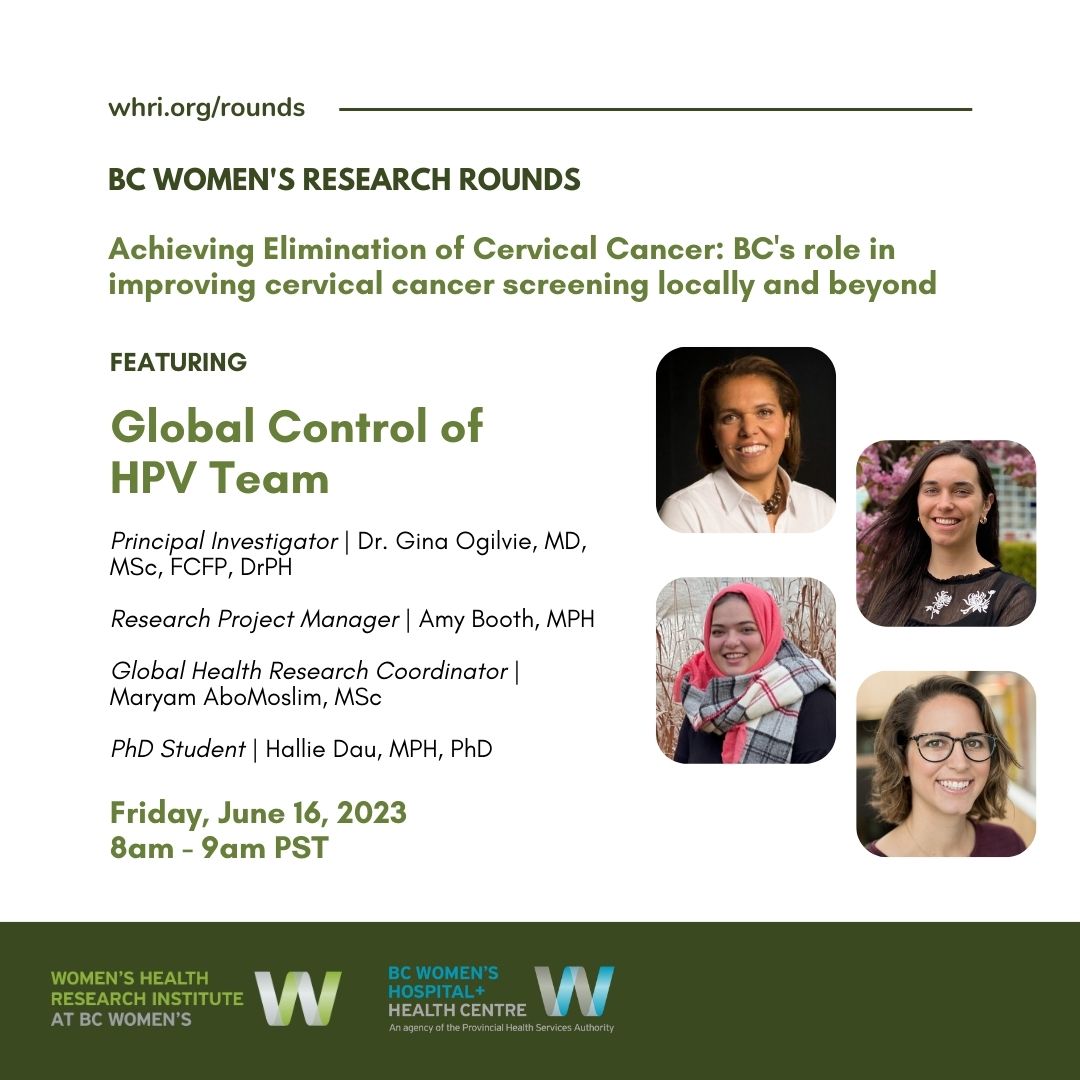 Women's Health Research Institute (@womensresearch) on Twitter photo Fri, June 16th, 8 AM PST is #ResearchRounds w/ <a href="/BCWomensHosp/">BC Women's Hospital</a>! <a href="/HPV_research/">Global HPV Control</a> (<a href="/gina_ginao/">Gina Ogilvie MD DrPH</a> <a href="/Hallie_Dau/">Hallie Dau</a> <a href="/amy_rbooth/">Amy Booth</a> <a href="/marytheyam/">Maryam</a>) will present on “Achieving Elimination of Cervical Care: BC's Role in improving cervical cancer screening locally and Beyond.
ow.ly/ZUJ850OEjtc Fri, June 16th, 8 AM PST is #ResearchRounds w/ <a href="/BCWomensHosp/">BC Women's Hospital</a>! <a href="/HPV_research/">Global HPV Control</a> (<a href="/gina_ginao/">Gina Ogilvie MD DrPH</a> <a href="/Hallie_Dau/">Hallie Dau</a> <a href="/amy_rbooth/">Amy Booth</a> <a href="/marytheyam/">Maryam</a>) will present on “Achieving Elimination of Cervical Care: BC's Role in improving cervical cancer screening locally and Beyond.
ow.ly/ZUJ850OEjtc