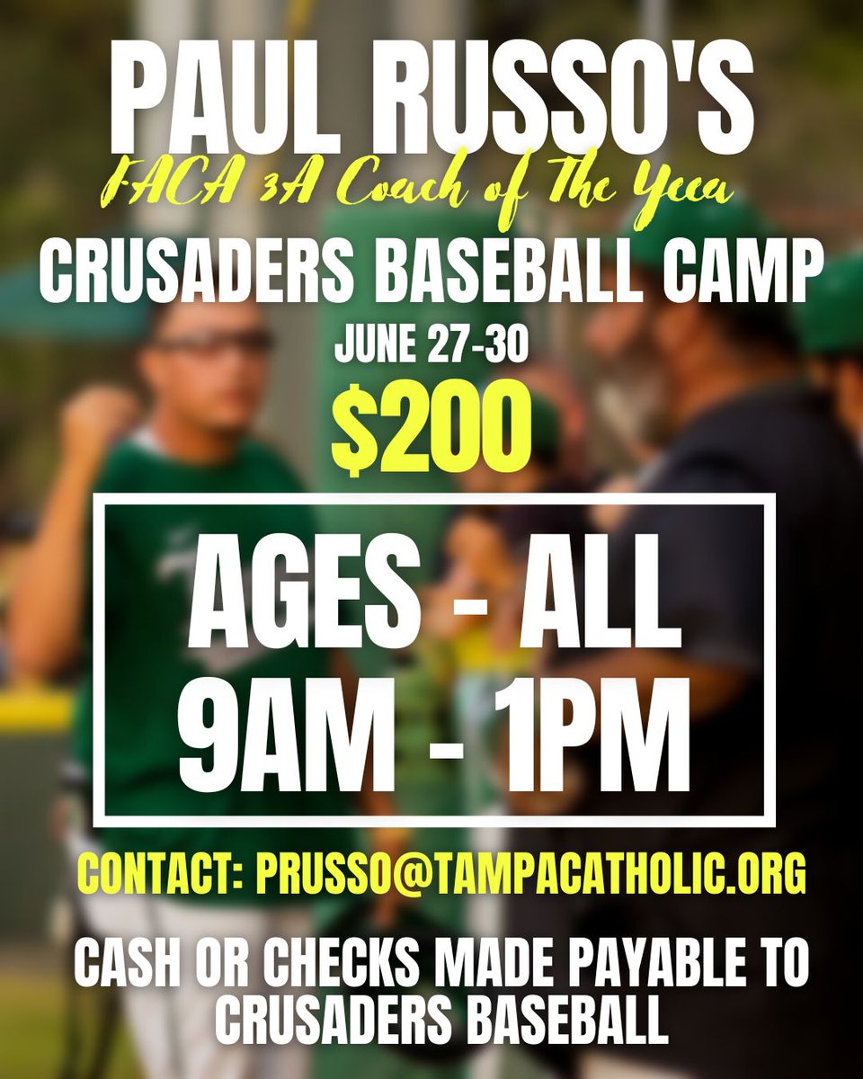Calling all aspiring ballplayers! Join us at Crusaders Baseball Camp for a summer of growth, camaraderie, and pure love for the game. From t-ballers to veterans, we welcome everyone to be a part of this incredible journey. ⚾️🌳 

#CrusadersBaseballCamp #ForTheLoveOfTheGame