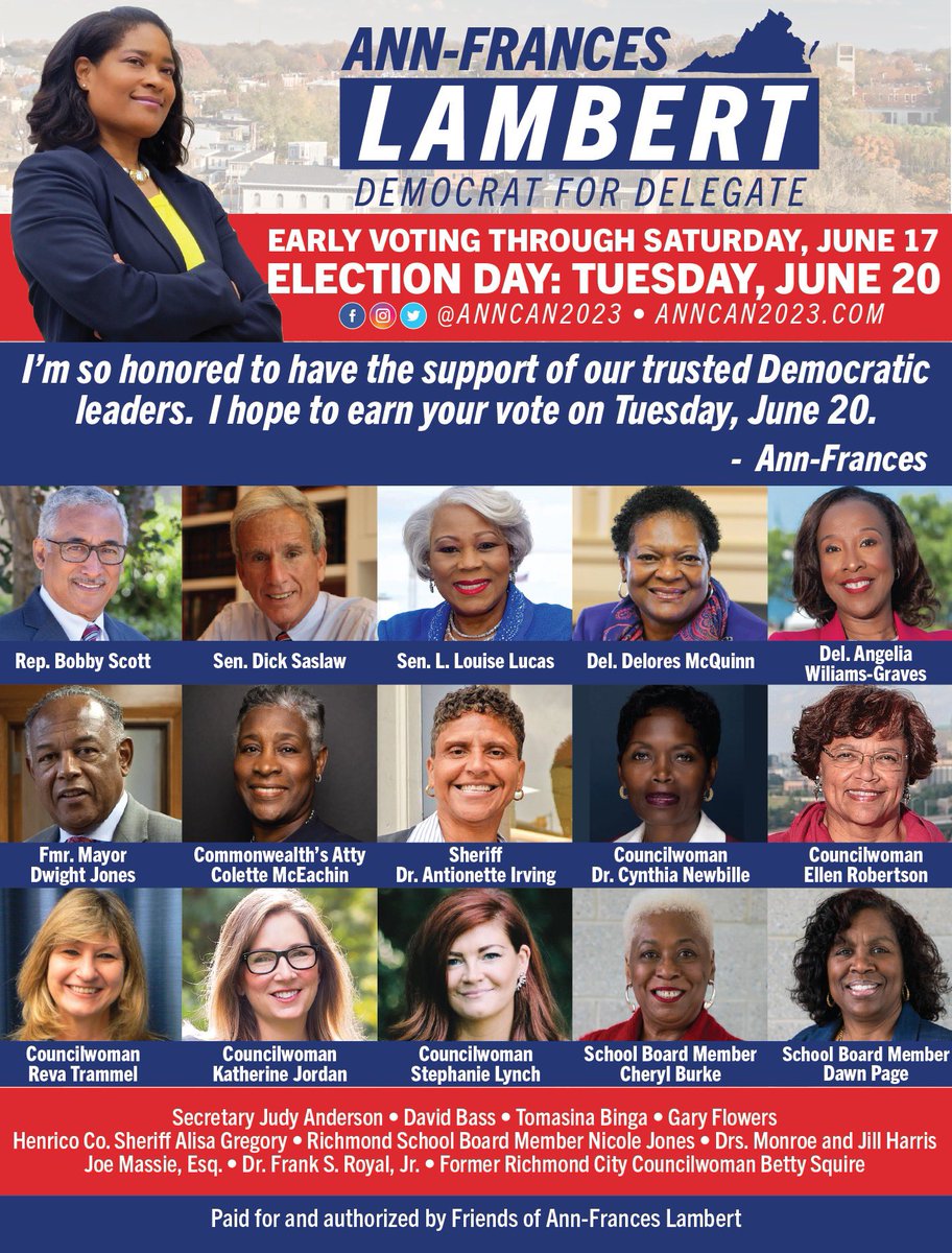 AnnCan2023's tweet photo. 📅 ELECTION DAY IS JUST 17 DAYS AWAY📅
Stand with respected Democratic leaders across Richmond and Virginia and join our people-powered campaign today! #Lambert4Delegate #AnnCan2023 #ProvenLeadership #Team79thDistrict #ThePeoplesChamp https://t.co/LSURi7RhFq