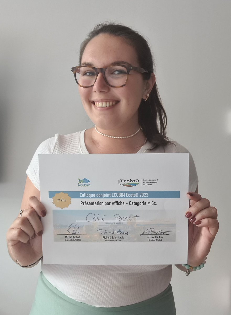 Chloe_pzt's tweet photo. Cette semaine s'est déroulée à Québec le colloque conjoint Ecobim-ECOTOQ. Merci au jury @ecoto_q - @Ecobim2 de m'avoir attribué le 1er prix de la présentation affiche catégorie Maîtrise ! 🚢🦠 Ce fut un plaisir de participer à ce colloque !
#ECOTOQ #Ecobim #Ecotoxicologie #UQAR https://t.co/aWtvPH72j3