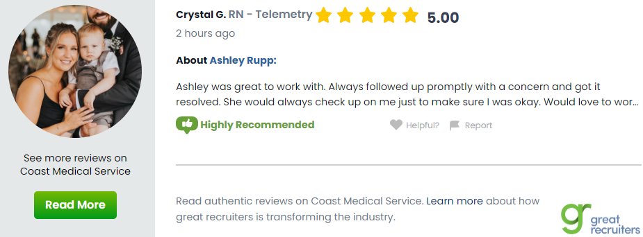 Sometimes on a travel assignment, you'll encounter issues. What's important is you get them resolved in a timely fashion. Having a #NurseRecruiter like Ashley Rupp helps. Experience the Coast difference for yourself. tinyurl.com/3jm68x9b #RNrecruiter  #TravelNurse #RN #Nurse