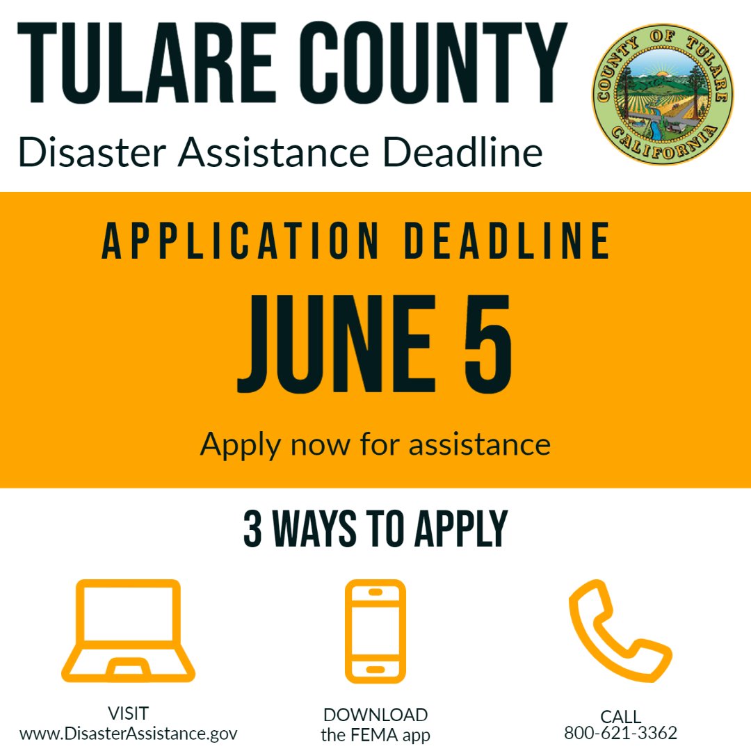 DEADLINE JUNE 5

Residents & business owners affected by the Feb/Mar storms can apply for federal assistance to repair & rebuild in Tulare County.

For more information, go to tularecounty.ca.gov/recovers/

#TulareCounty #2023TulareFlood