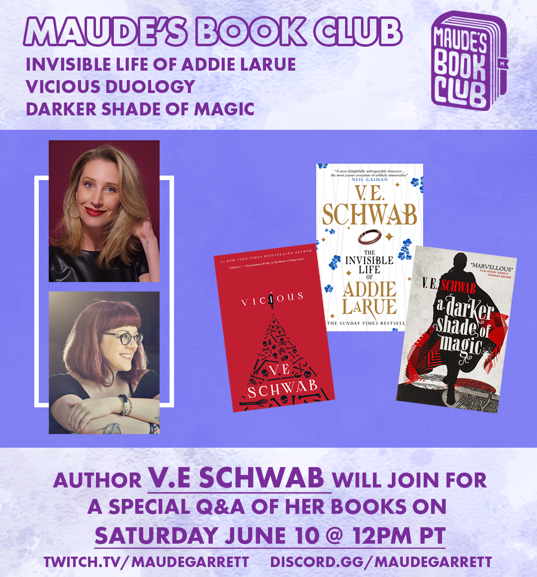 GUESS WHAT! 

We are so excited to announce that <a href="/MaudeGarrett/">Maude Garrett</a> will be chatting with <a href="/veschwab/">Victoria/V.E. Schwab</a> LIVE on Twitch! 12pm PT on Saturday the 10th!

They are going to be chatting all things books! 
We are so glad to have the opportunity to sit down and chat with her!

See you there!