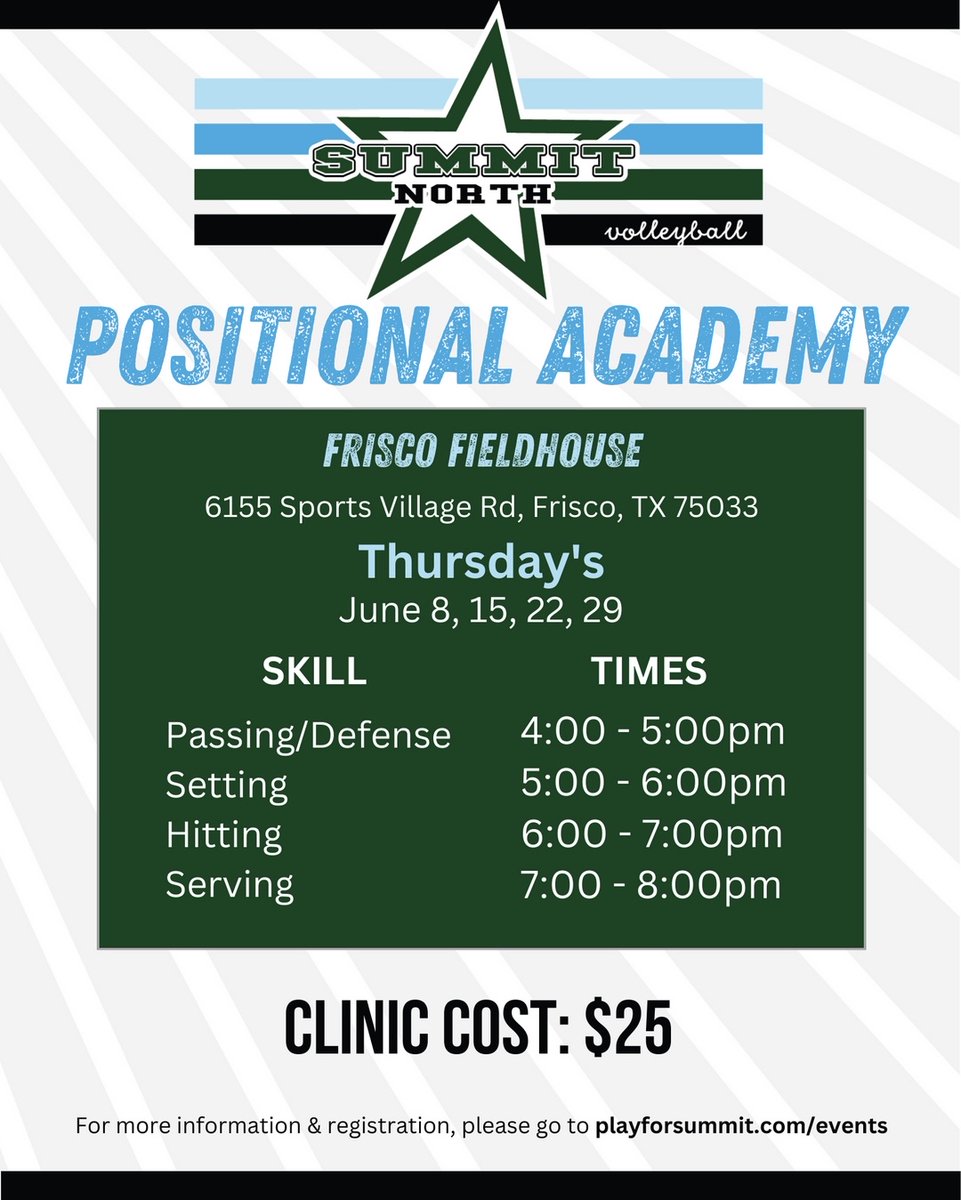 Sharpen your spikes and elevate your game at our SUMMIT NORTH Positional Academy! This clinic is designed for players wanting to take their skills to the next level! Don't miss this opportunity to refine your skills and unlock your full potential on the court! #playforsummit #sum