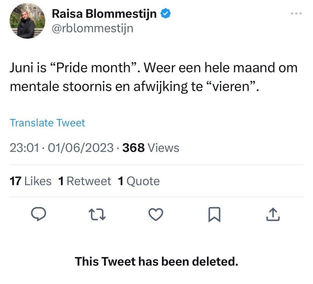 zeg Raïsa <a href="/rblommestijn/">Raisa Blommestijn</a> 
is 't voortschrijdend inzicht
🤨 of gewoon spijt, dat je 'n stupide tweet verwijdert ?