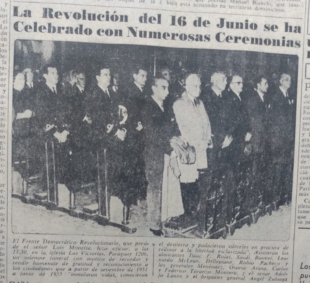 Los golpistas de 1955 no solo se reunían a celebrar cada 16 de setiembre, también cada 16 de junio. "La revolución" que tuvo como hecho central el bombardeo a población desarmada, matando a más de 300 personas. Y además homenajeaban a Gargiulo, marino que se suicidó. Foto de 1965