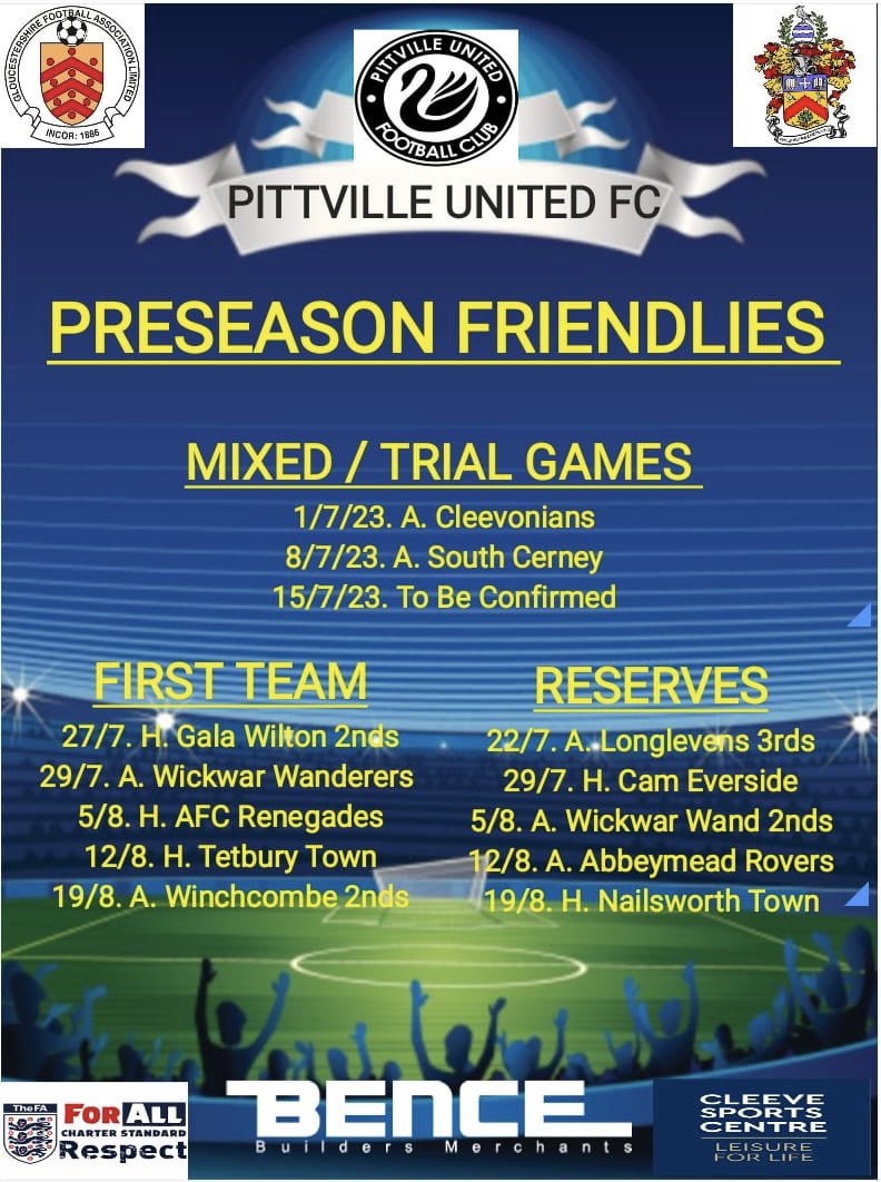 Pittville_FC's tweet photo. The Pre-Season Friendlies are locked in! Does your team make an appearance? We look forward to seeing you! https://t.co/RsWYaNAuAS