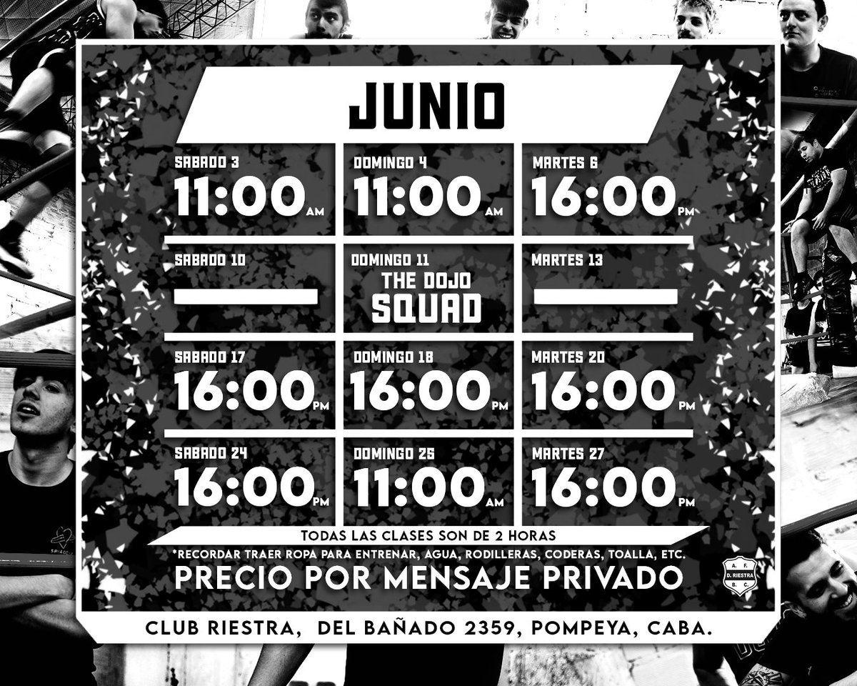Un mes lleno de clases con un evento y una sorpresa más ⚔️

Como ya es de costumbre, les dejamos todo los días y horarios de este mes, donde tendremos nuestras clases de lucha libre/wrestling en el Legión DOJO. ¡Te esperamos!