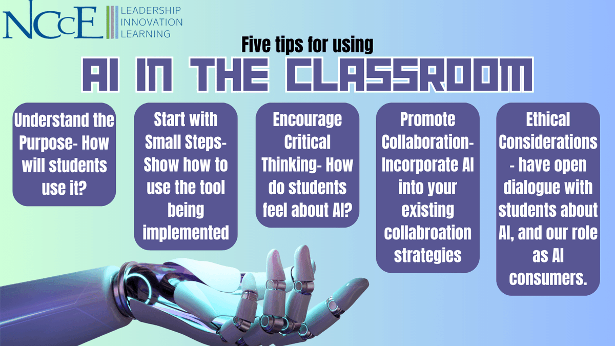 From the NCCE home office in Coeur d'Alene, here are five tips for AI in the classroom!

1. Understand the Purpose- How will students use it? 

2. Start with Small Steps- Show how to use the tool being implemented 

3. Encourage Critical Thinking- How do students feel about AI?