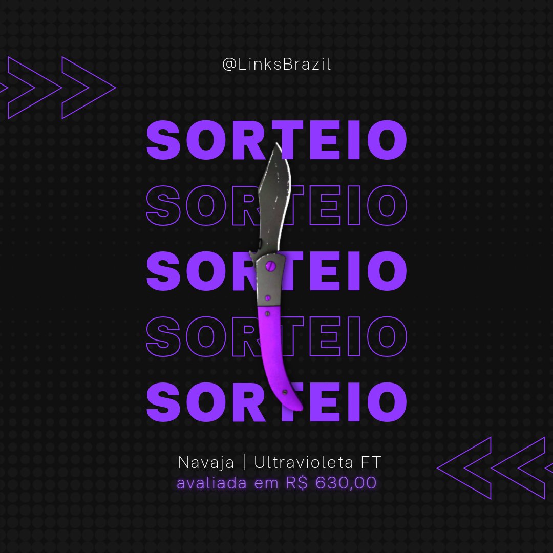 LinksBrazil's tweet photo. Super Sorteio!!

⭐️ Quem ganhar vai levar uma Faca Navaja | Ultravioleta FT, no momento essa faca custa R$630 na Steam.

-Mesmo que você não jogue CSGO, pode vender essa faca no mercado e depois comprar jogos na Steam, precisa ter conta na Steam para receber a faca. https://t.co/5EKtMBLCkS