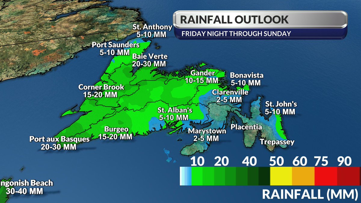 Here is the rainfall outlook this weekend. Widespread 20-40 mm for Nova Scotia, P.E.I., SE New Brunswick and western Newfoundland. Areas of 40-70+ mm in western Nova Scotia. Additional rain to come next week. #NSwx #NBwx #NLwx #PEwx