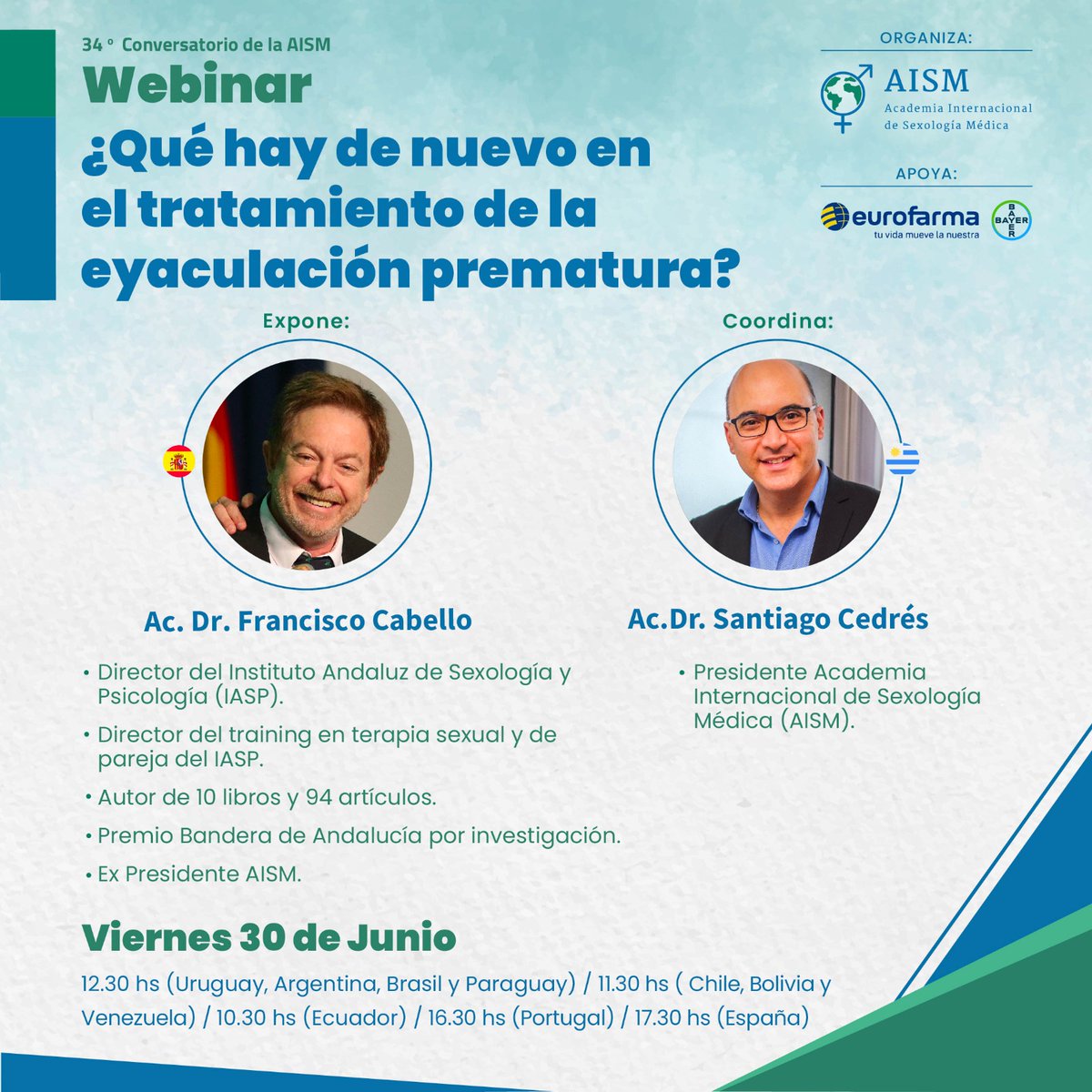 AcademiaAism's tweet photo. El Dr. Santiago Cedrés, en su rol de presidente de la Academia Internacional de Sexología Médica, coordinará el próximo WEBINAR respecto a "Qué hay de nuevo en el tratamiento de la eyaculación prematura".
 
🎙️Con la #exposición del Ac. Dr. Francisco Cabello, desde España. 🇪🇸
🧵 https://t.co/cUaeC7ujO9