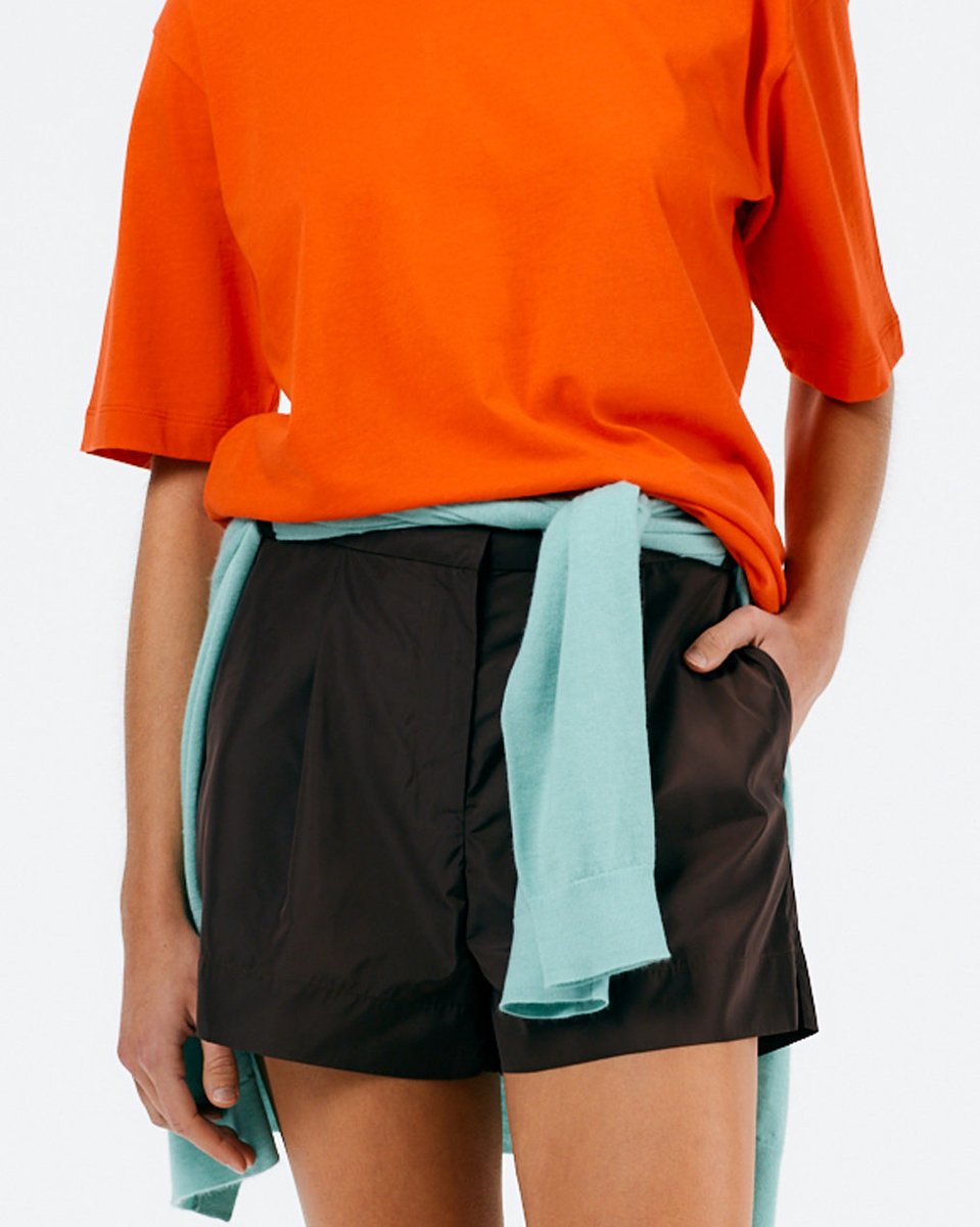 tibi's tweet image. The Mock Neck Unisex T-Shirt, The Tissue Cashmere Cardigan &amp;amp; The Italian Sporty Nylon Pleated Short.