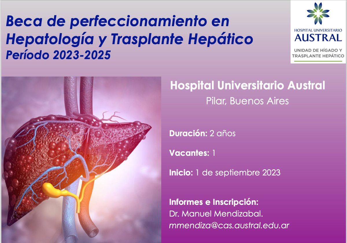 Continúa abierta la convocatoria para especializarse en Hepatología y Trasplante Hepático en el <a href="/HospitalAustral/">Hospital Universitario Austral</a> 
Ofrecemos la oportunidad de adquirir conocimientos clínicos actualizados en un ambiente cálido y en una Unidad con una fuerte orientación académica. Más info 👇