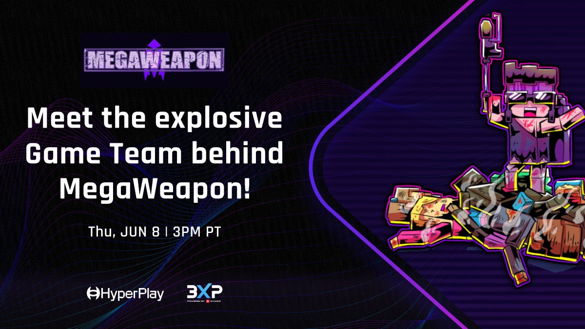 CoinFello's tweet photo. The powerhouses behind @_megaweapon_ will be on-site at the HyperPlay Gaming Area during @3XPgg answering your burning questions and showing you how to craft your very own MegaWeapon. Join us this Thursday, June 8th, at 3 pm PST! https://t.co/l0SbuZQWZI