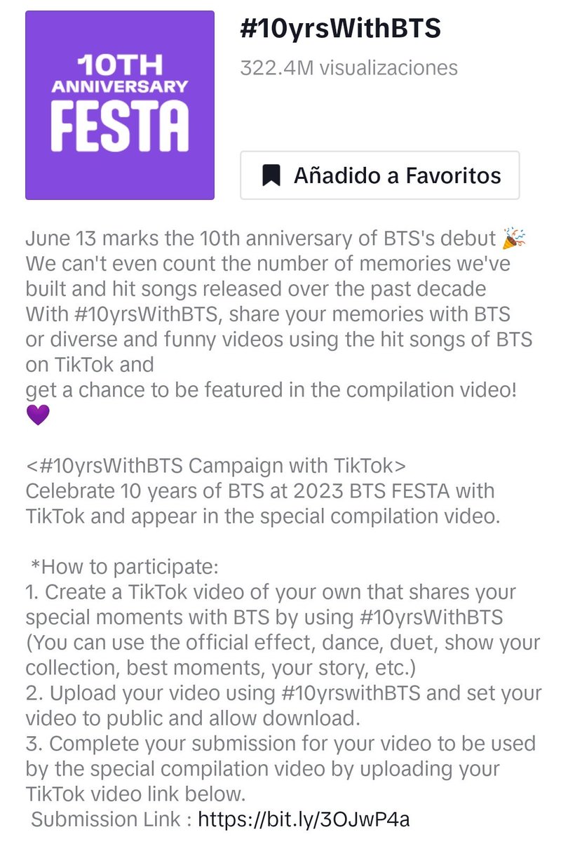 namutws's tweet photo. Army tiktoker esta es nuestra oportunidad! En celebración por el décimo aniversario del debut de BTS, TikTok se suma a la campaña #10yrsWithBTS en colaboración con "2023 BTS FESTA" y a través del centro #/NewMusic estará apoyando la nueva canción de BTS #TakeTwo, si tienes una + https://t.co/COrNT8GY56