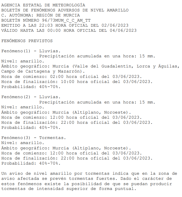 112rmurcia's tweet photo. Según la predicción de Meteorología, buena parte de la Región en aviso amarillo por fenómenos meteorológicos adversos el día 3 de junio: https://t.co/PIbxvJ0kw3