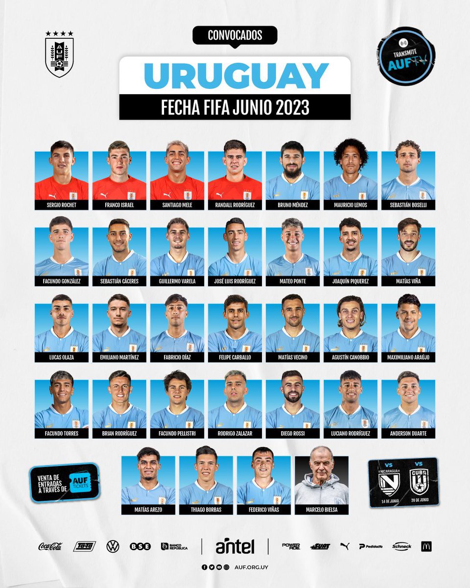 O Uruguai divulgou a lista dos convocados para os amistosos da data FIFA de junho. Arrascaeta, que estava na lista larga, ficou de fora. Guillermo Varela dentro. 

Serão os dois primeiros jogos de Marcelo Bielsa no comando da Celeste