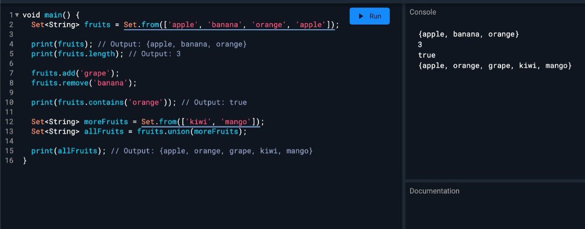 🎉 #Day12 of #100DaysOfCode 

Today I dived into:

➡️ Sets in Dart! 🚀

Sets are unordered collections of unique elements. 

They're great for removing duplicates and performing set operations like union, intersection, and difference. 

Here's a simple example below👇 :