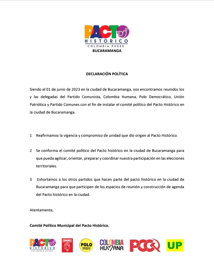aparra1808's tweet photo. El día 1 de junio del 2023 nos reunimos los delegados de los partidos que conforman el Pacto Histórico( @ColombiaHumana_ @notipaco @StanderUnion @ComunesCoL @PoloDemocratico) e instalamos el comité político del Pacto Histórico en Bucaramanga. https://t.co/v9Ih7HqAkL