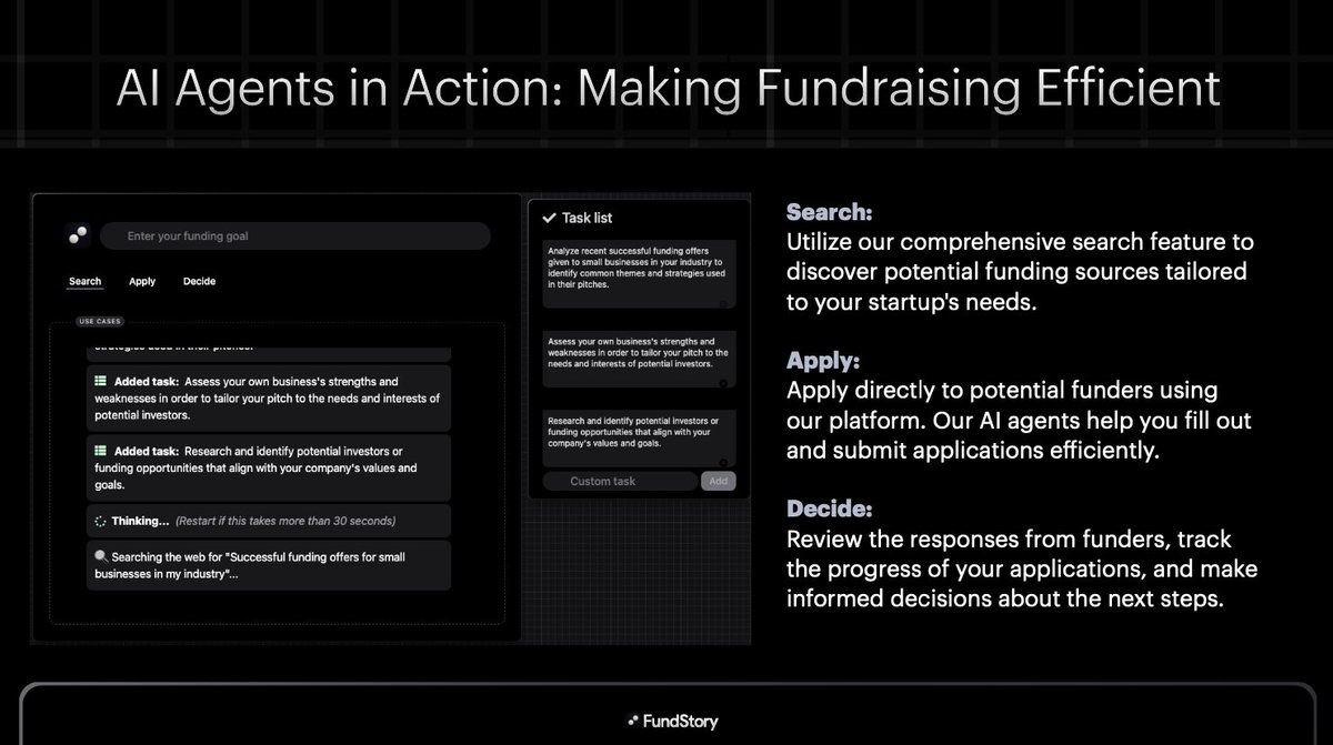 Search, Apply, and Decide

Use AI auto agents to:

- Fill out and submit funding applications
- Discover potential funding sources
- Track the progress of your applications

Join the waitlist : fundstory.com