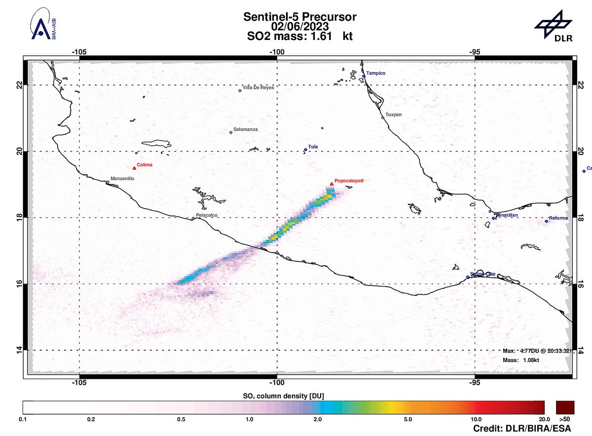 On 2023-06-02 #TROPOMI has detected an enhanced SO2 signal of 4.77DU at a distance of 48.6km to #Popocatepetl. @tropomi #S5p #Sentinel5p @DLR_en @BIRA_IASB @ESA_EO #SO2LH