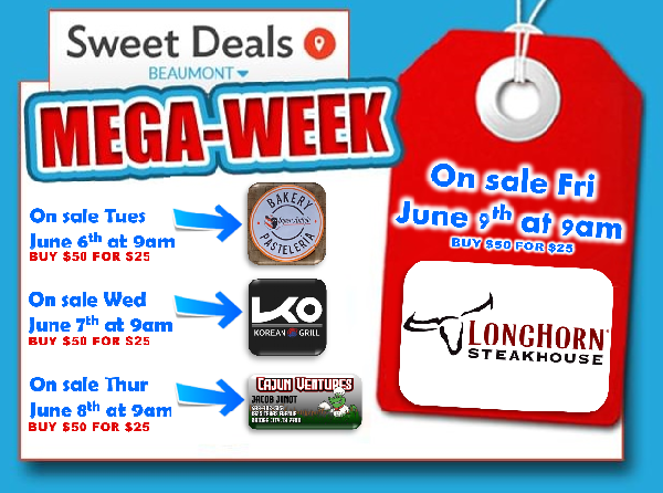 Q94Music's tweet photo. Q94 is helping you save 💲💲💲 with our Sweet Deals MEGA WEEK!!😍 Buy $50 for $25 to Super Antojo Bakery in Beaumont, Ko Korean Grill in Beaumont, Cajun Ventures in Bridge City and Longhorn Steak House in Beaumont! Get more info at https://t.co/CXSJTEAQQ2. https://t.co/4LVI1zV34P