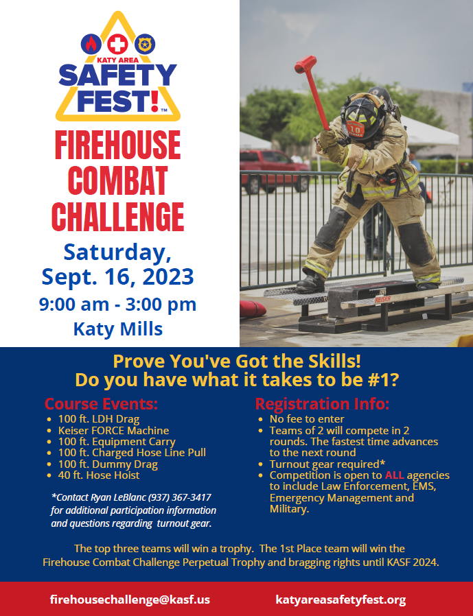 HCESD48's tweet photo. DO YOU HAVE WHAT IT TAKES? Katy Area Safety Fest will host the Firehouse Combat Challenge on Saturday, Sept. 16th.  Competition is open to male and female competitors from ALL agencies (Fire, EMS, Law Enforcement, Military, etc.). https://t.co/Uf6bVSE3fP