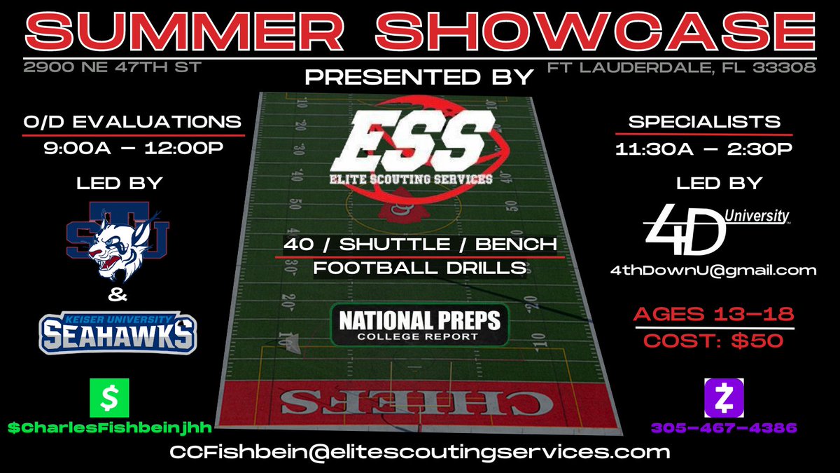 Joining @KeiserFootball, @STU_Football, @EliteScoutingFL, & E for the Summer Showcase on June 17❗️ More info 👉 CFishbein@EliteScoutingServices.com