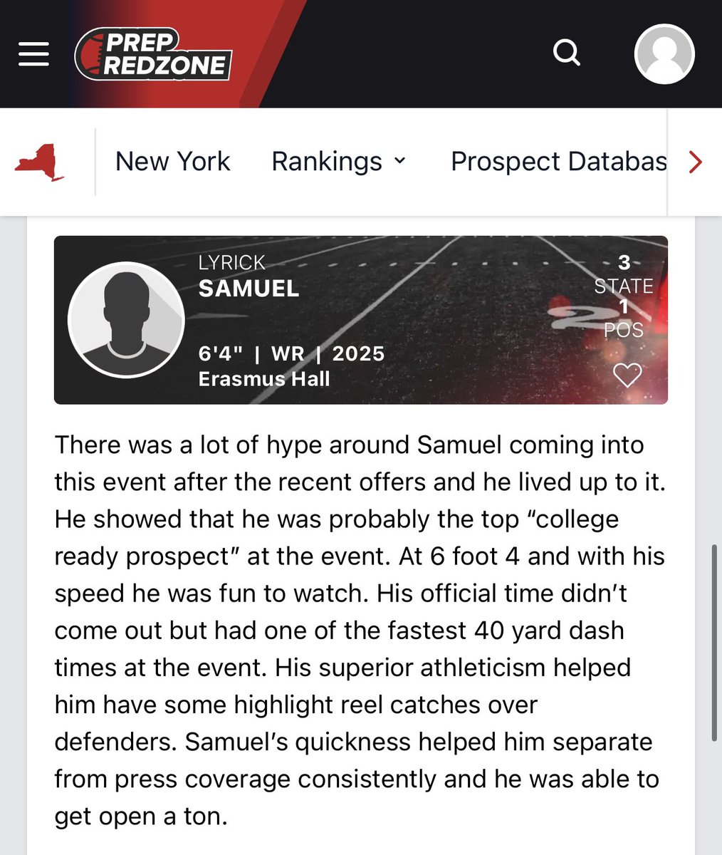 IamLyrickSamuel's tweet photo. Humbled and honored to be recognized by @PrepRedzoneNY as the #1 WR in the state of NY for the class of 25! 1 also want to give a big shout out to @jared_valluzzi &amp; @cholfoth for the kind words and consistent coverage of HS football in NY, it is much appreciated! @EHallFB https://t.co/WSETodCjUL
