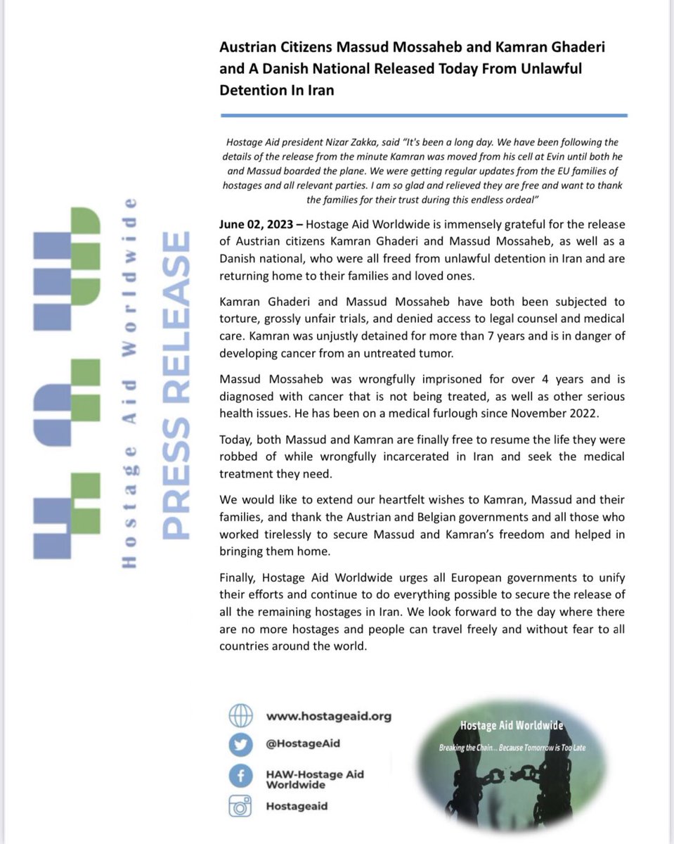 5/5 HAW Press Release: Austrian Citizens Massud Mossaheb &amp; Kamran Ghaderi &amp; A Danish National Released Today From Unlawful Detention In #Iran
hostageaid.org/blog/
Hostage Aid president <a href="/ZakkaNA/">Nizar Zakka</a>, said “It's been a long day. We have been following the details of the release from