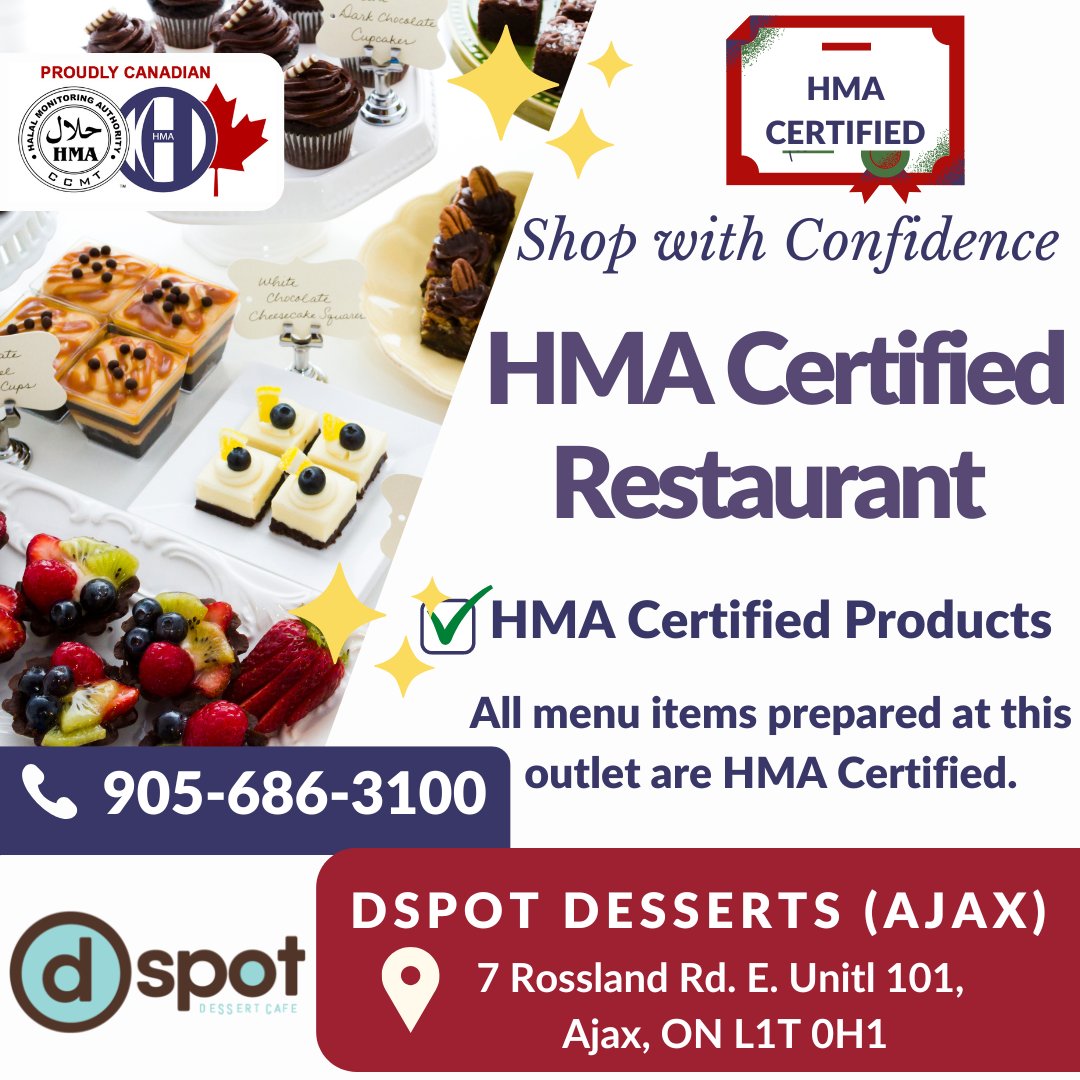 HMA_Canada's tweet photo. Halal Certified Excellence: Where Taste and Faith Come Together.
Certified HMA Restaurant: @DSPOT DESSERTS (AJAX), Visit today.
#HmaCanada #halal #halalcanada #halalgta #halalfoodmississauga #halaltorntofoodie https://t.co/PF03sVDUq4
