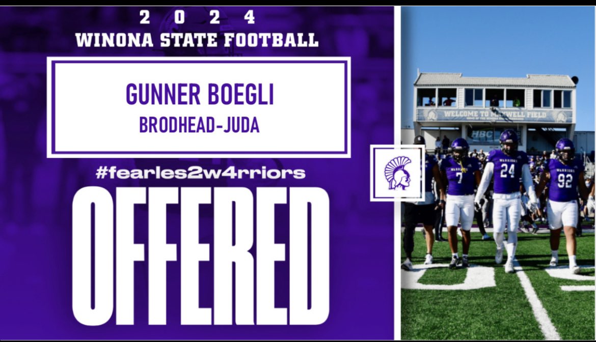 GunnerBoegli's tweet image. After an awesome phone call with @Coach_Bergy &amp;amp; @5__On__It I am extremely excited to receive an offer from @WinonaState_FB