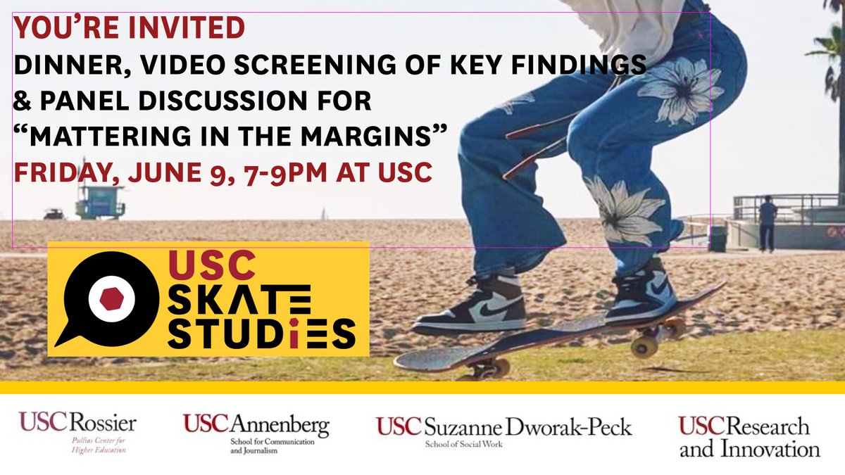 Learn more about the connections between skateboarding, mental health &amp; community at our free <a href="/USC/">USC</a>SkateStudy dinner, video screening &amp; panel discussion event on Friday June 9 from 7-9 pm @USC. RSVP and learn more here:  bit.ly/45HdmHx @zcorwin @neftalie <a href="/USCRossier/">USC Rossier</a>