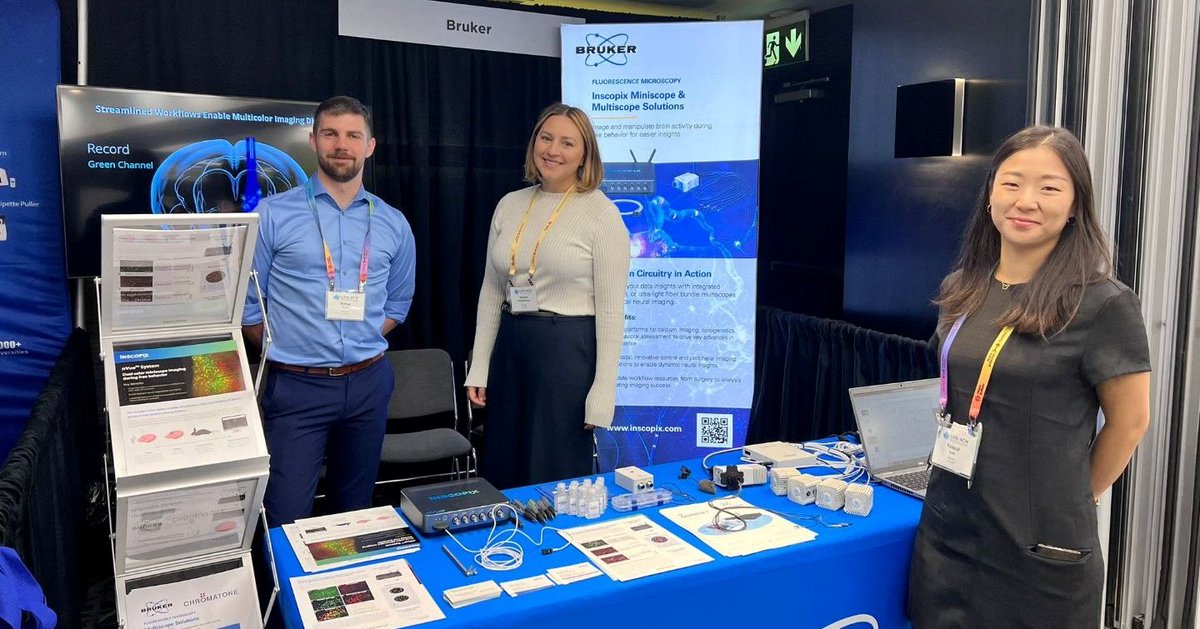 BrukerFM's tweet photo. With #CAN2023 concluded, we wanted to take a moment to thank all the attendees who stopped by our booth. We had a blast! Stay tuned to see where you can see our newest #miniscope and #mulitscope systems next!  Thanks Montreal 🇨🇦👋

#neuroscience #microscopy #Bruker @Inscopix https://t.co/kEetjcQFKI