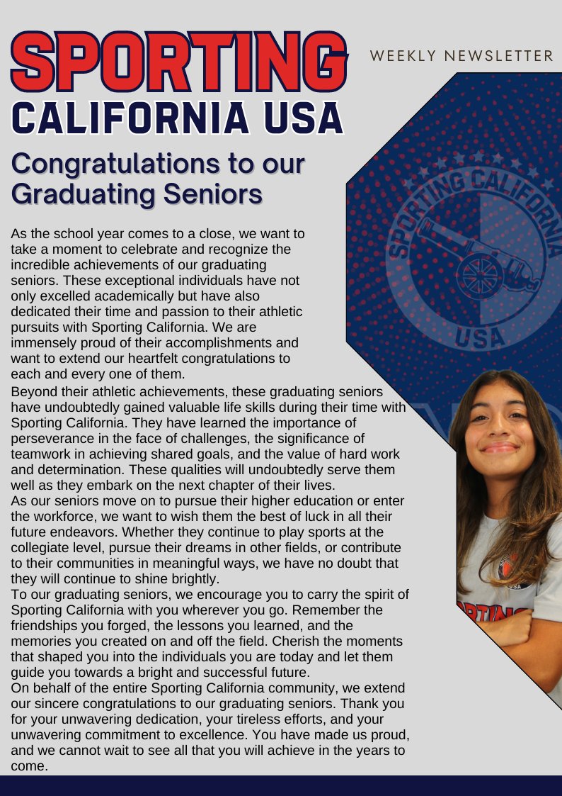 Check out our weekly newsletter with a farewell to our graduating seniors, upcoming events and congrats to the #Girls2009 #ECNL team on winning the #ManCityCup
conta.cc/3NauPAU